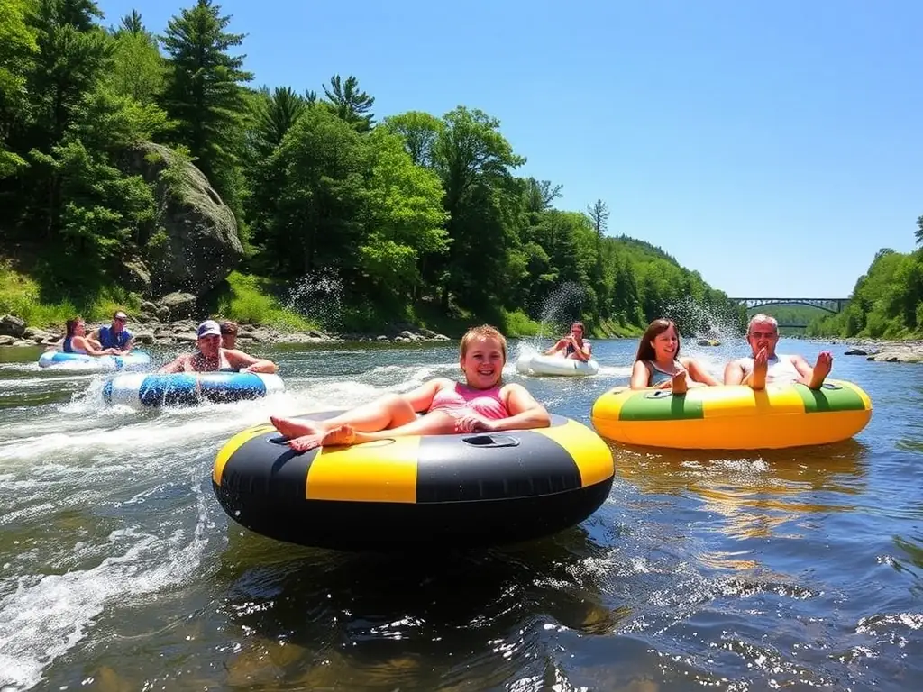 A scenic view of the Batavia Kill River with guests tubing down it on a sunny day, showcasing the fun and refreshing activity available at Wylder Windham.
