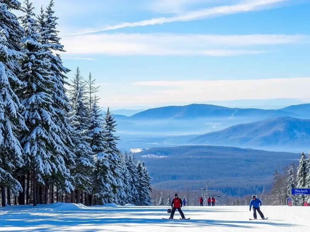 A picturesque view of Windham Mountain in the winter, with skiers and snowboarders enjoying the slopes, highlighting the nearby attractions to Wylder Windham.