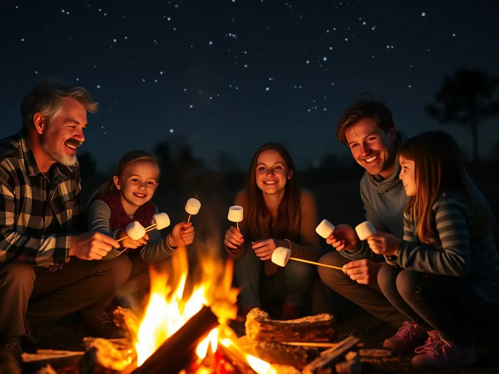 A group of friends and family gathered around a crackling fire pit at dusk, roasting marshmallows and sharing stories at Wylder Windham.